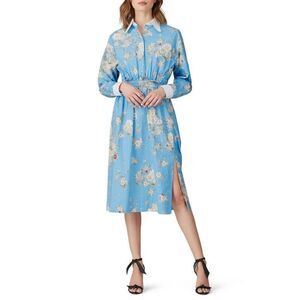 No. 21 Floral Blue Fantasia Base Midi Long Sleeve Side Slit Shirt Dress Size 40